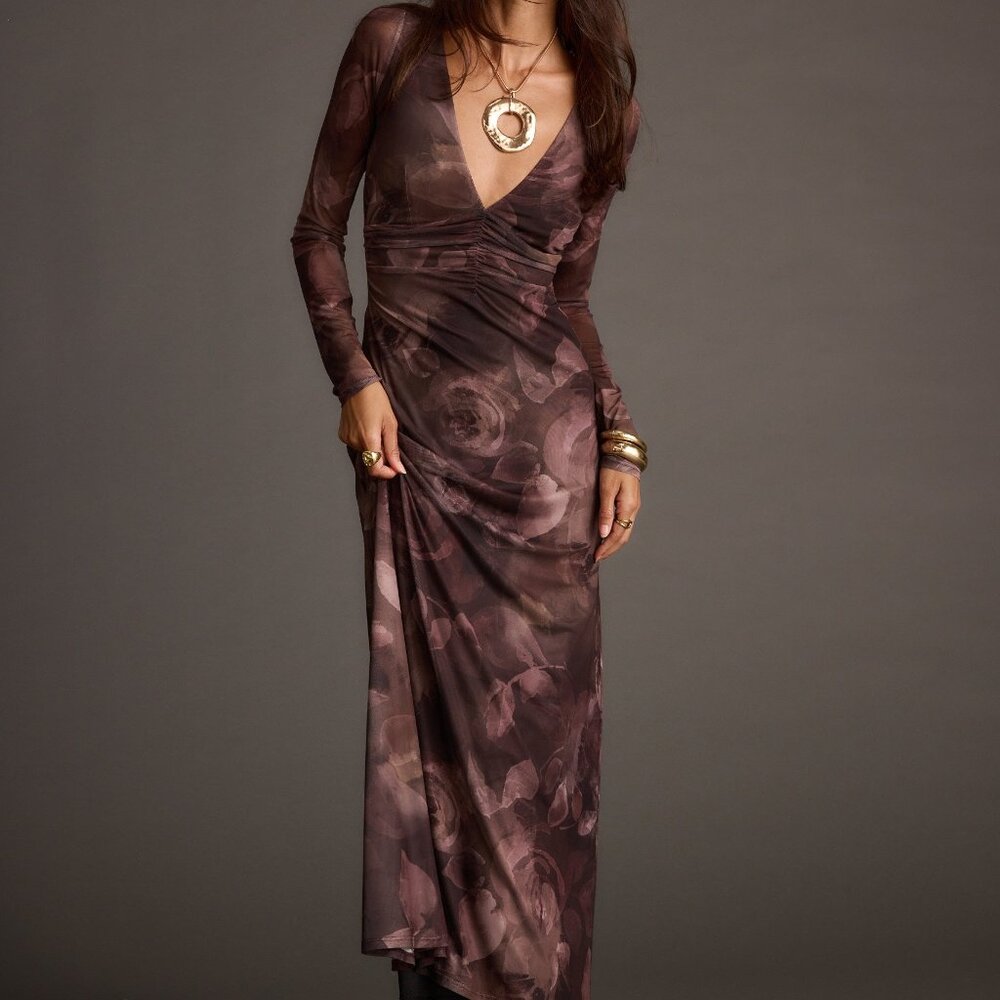 12th Tribe Kristin Plum Blur Mesh Maxi Dress Size L NWT